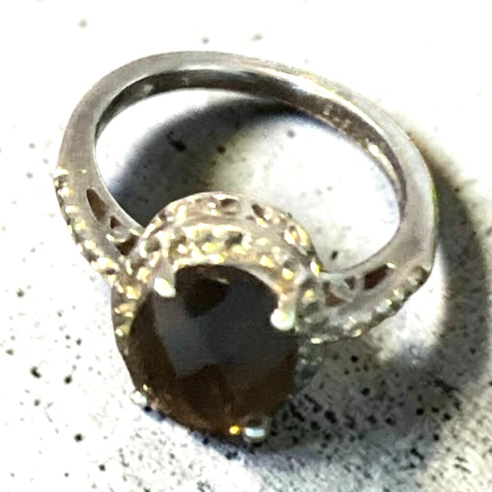 RL 925 Sterling Silver Smoky Quartz Halo Ring Oval Cut Size 6.5